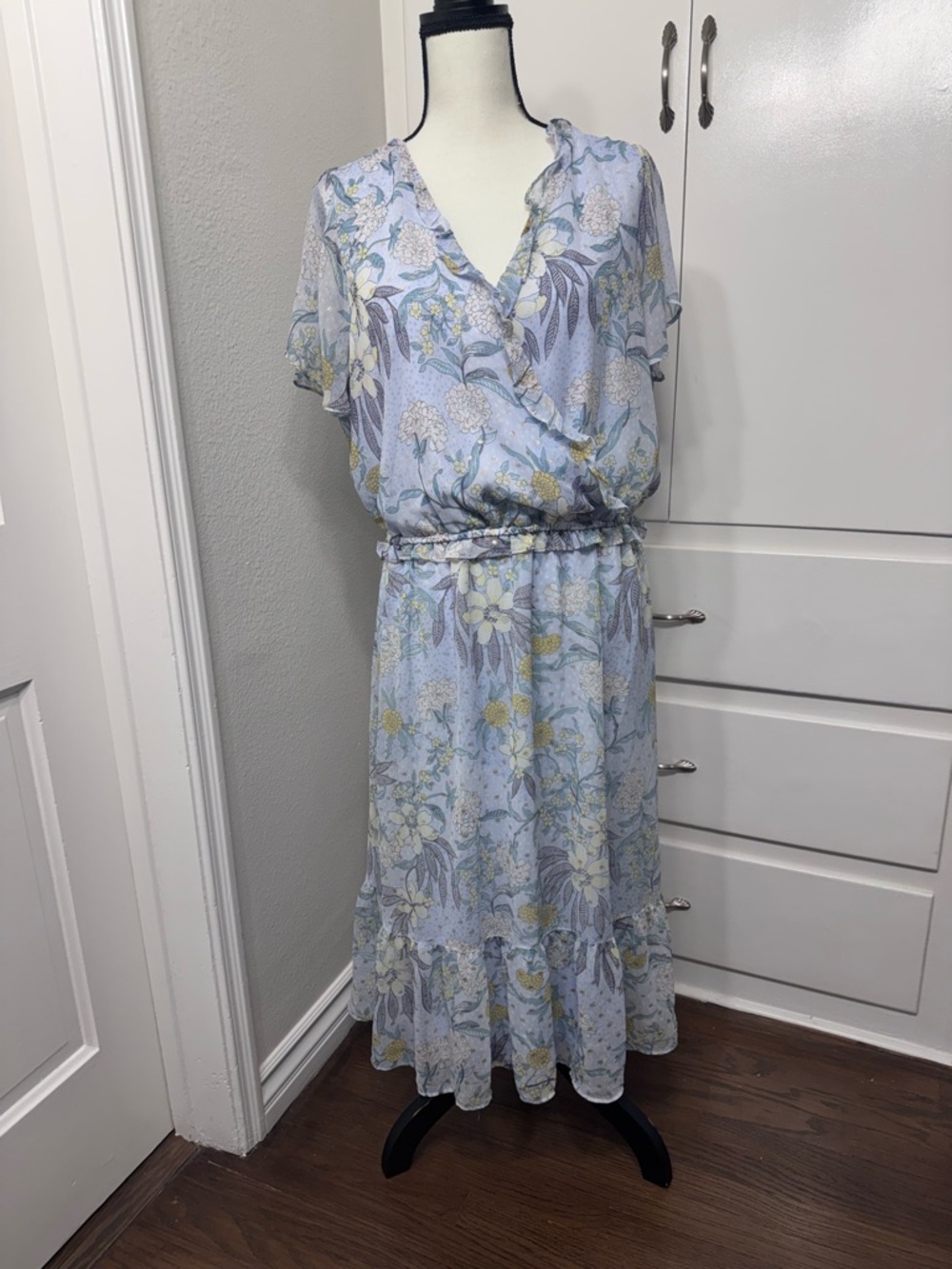 Light Blue Floral Midi Dress - Women's
